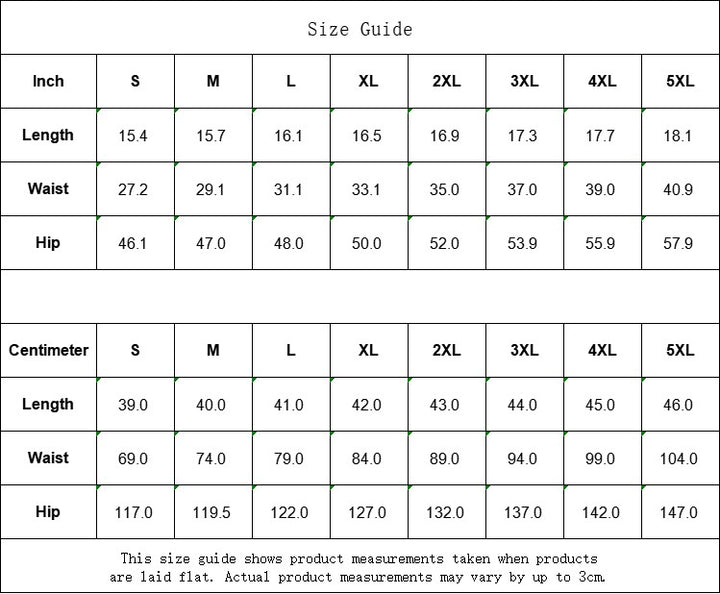 Sea Dragon Dreams size guide table for men's shorts with measurements in inches and centimeters for sizes S to 5XL