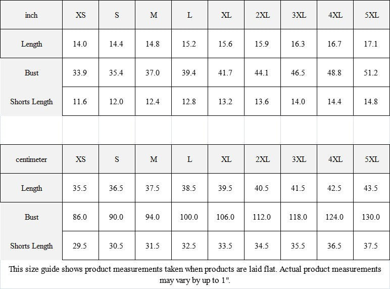 Sea Dragon Dreams size guide table for women's t-shirt and shorts suit with measurements in inches and centimeters