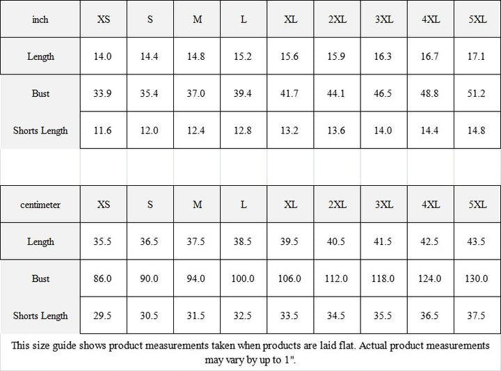 Sea Dragon Dreams size guide table for women's t-shirt and shorts suit with measurements in inches and centimeters