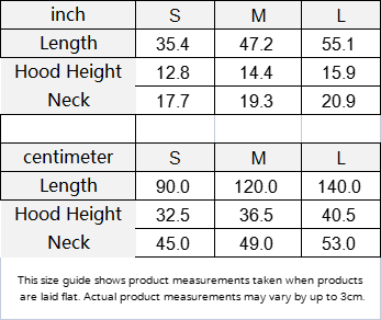Sea Dragon Dreams size guide table for the Octopus Power hooded cloak showing length, hood height, and neck measurements