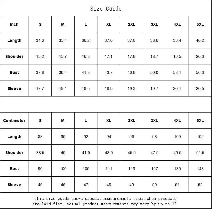 Sea Dragon Dreams size guide table for women's apparel showing length, shoulder, bust, and sleeve measurements in inches and cm