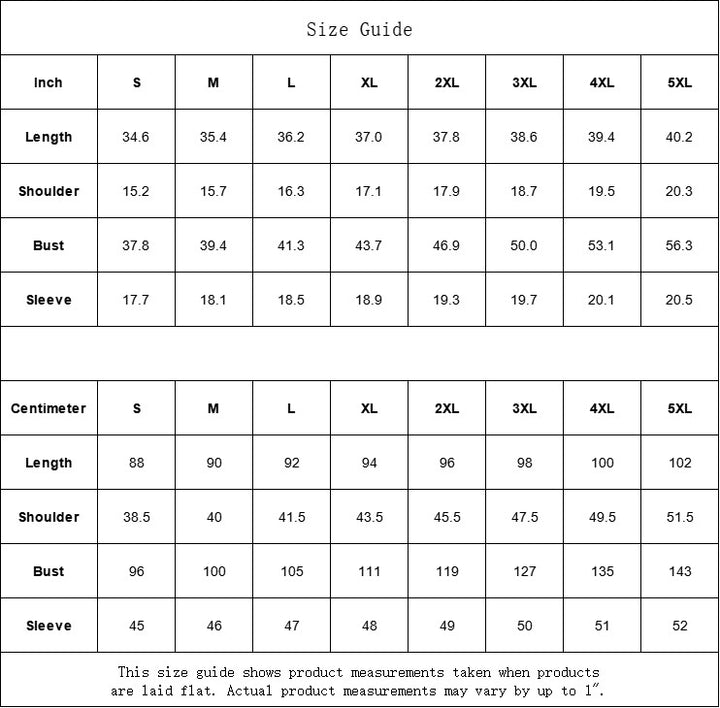 Sea Dragon Dreams size guide table for women's apparel showing length, shoulder, bust, and sleeve measurements in inches and cm