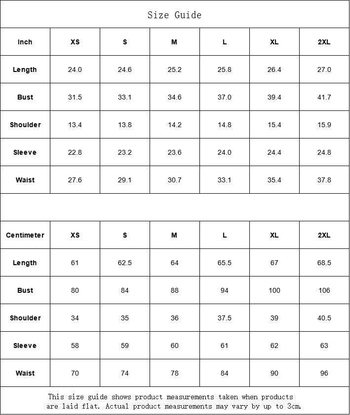 Sea Dragon Dreams size guide table for women's apparel showing length, bust, shoulder, sleeve, and waist measurements