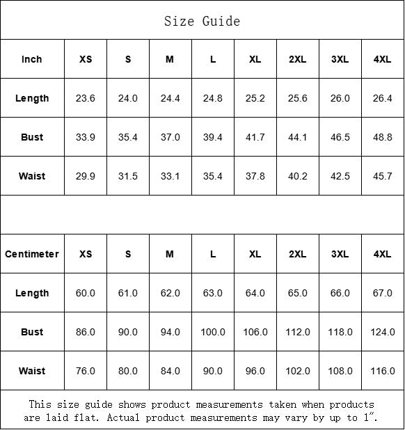 Sea Dragon Dreams size guide table for women's t-shirts showing length, bust, and waist measurements in inches and cm.