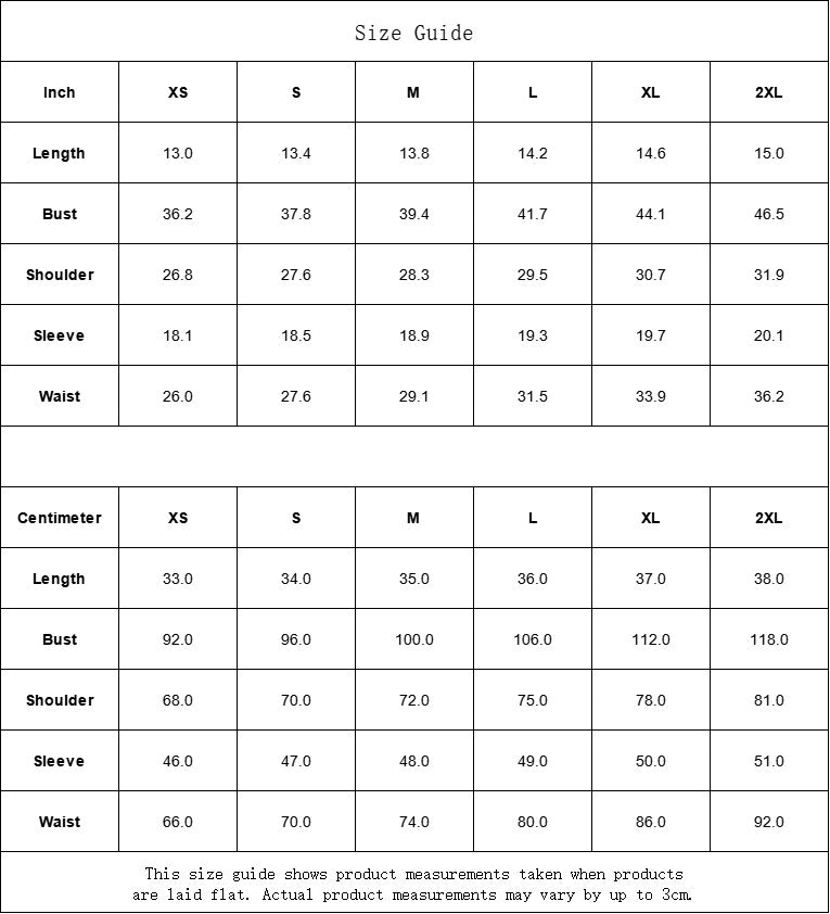 Sea Dragon Dreams size guide table for women's apparel showing measurements in inches and centimeters for XS to 2XL