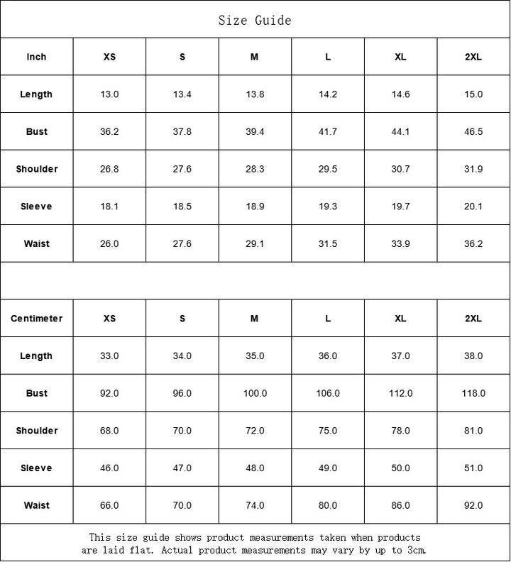 Sea Dragon Dreams size guide table for women's apparel showing measurements in inches and centimeters for XS to 2XL