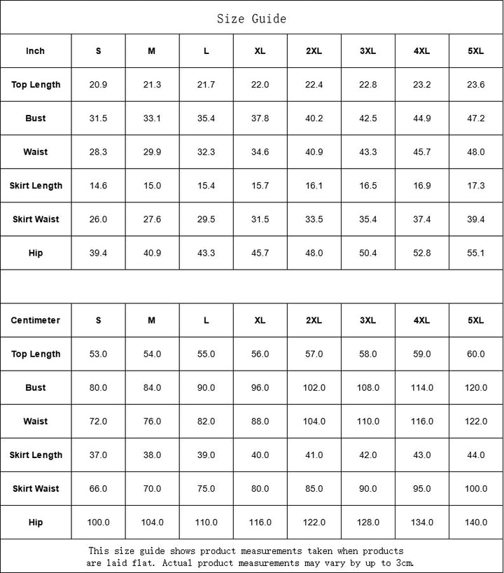 Sea Dragon Dreams size guide table for women's cami pajama set with measurements in inches and centimeters