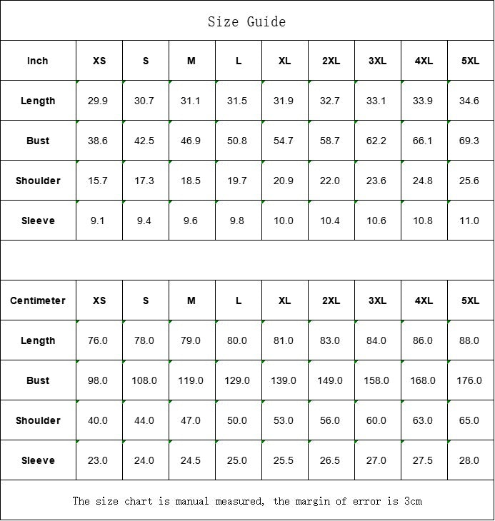 Sea Dragon Dreams size guide table for men's apparel showing length, bust, shoulder, and sleeve measurements in inches and cm