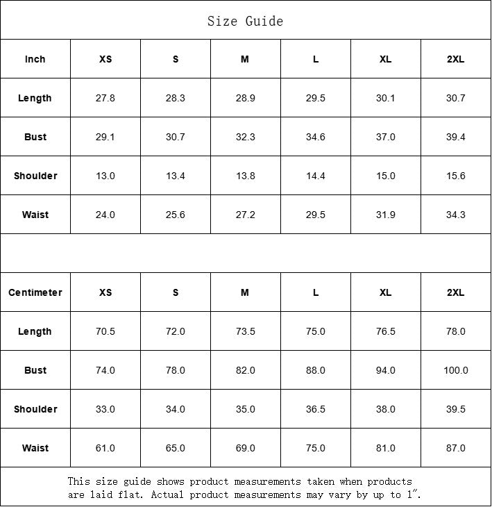 Sea Dragon Dreams size guide table for women's apparel showing length, bust, shoulder, and waist measurements in inches and cm