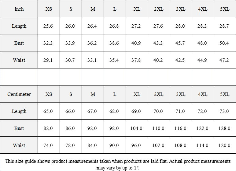 Sea Dragon Dreams size guide table showing length, bust, and waist measurements in inches and centimeters for women's tops