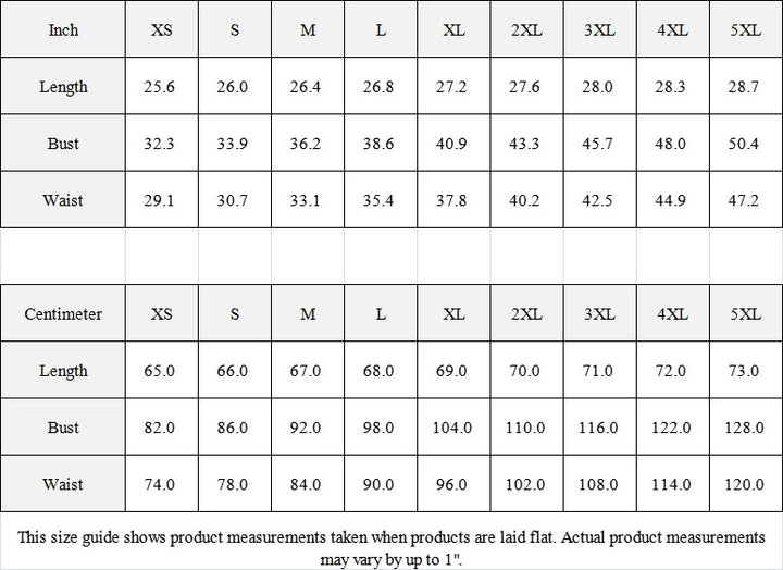 Sea Dragon Dreams size guide table showing length, bust, and waist measurements in inches and centimeters for women's tops