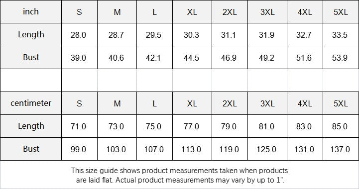 Sea Dragon Dreams size guide table for men's tank tops showing length and bust measurements in inches and centimeters.