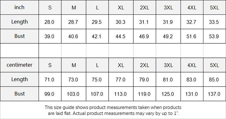 Sea Dragon Dreams size guide table for men's tank tops showing length and bust measurements in inches and centimeters.