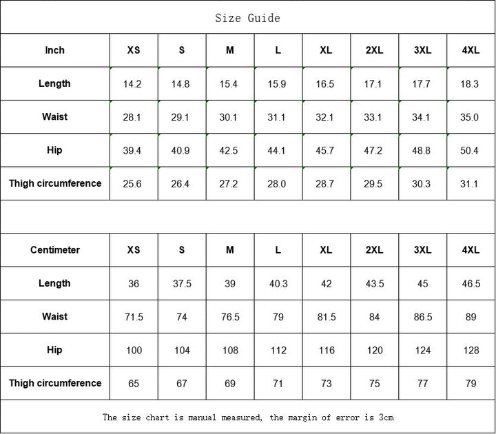 Sea Dragon Dreams size guide table for men's swim shorts with measurements in inches and centimeters
