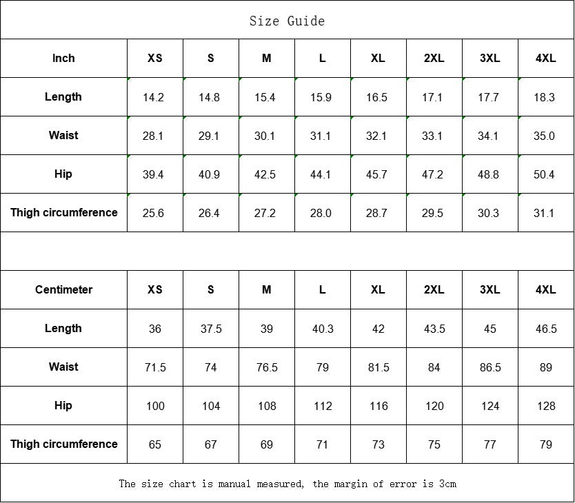Sea Dragon Dreams size guide table for men's tie-dye shorts showing measurements in inches and centimeters