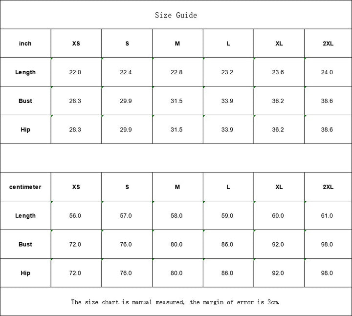 Sea Dragon Dreams size guide table for zebra stripe tube top bodysuit showing length, bust, and hip measurements