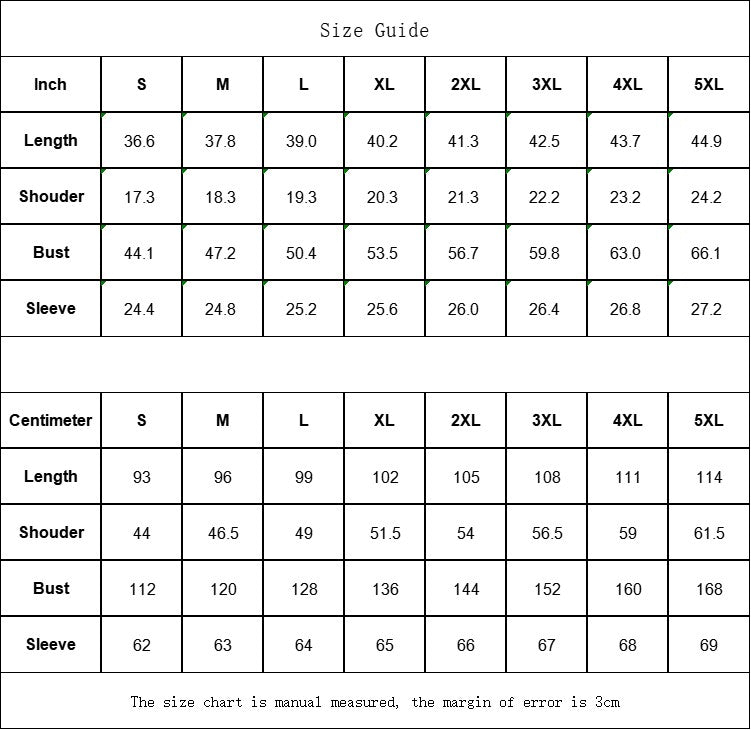 Sea Dragon Dreams size guide table for men's fleece windbreaker showing length, shoulder, bust, and sleeve measurements