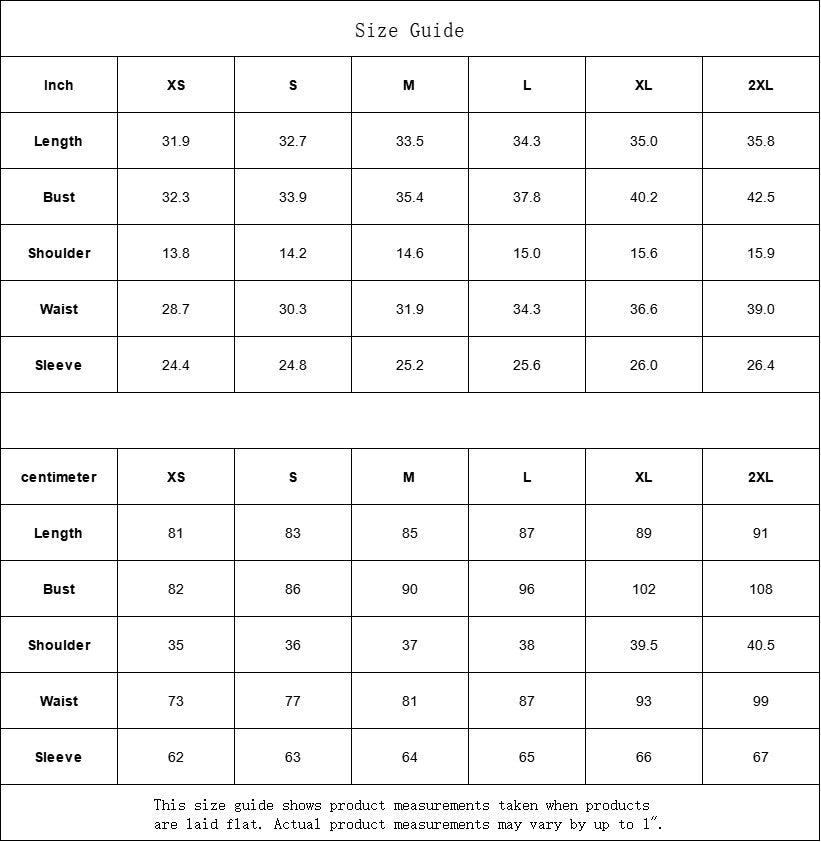 Sea Dragon Dreams size guide table for women's clothing with measurements in inches and centimeters for XS to 2XL.