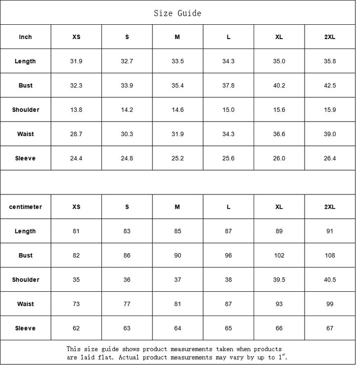 Sea Dragon Dreams size guide table for women's clothing with measurements in inches and centimeters for XS to 2XL.