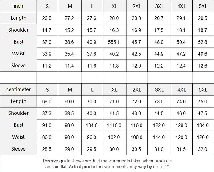 Sea Dragon Dreams size guide table for women's orange lace sleeve shirt with measurements in inches and centimeters.