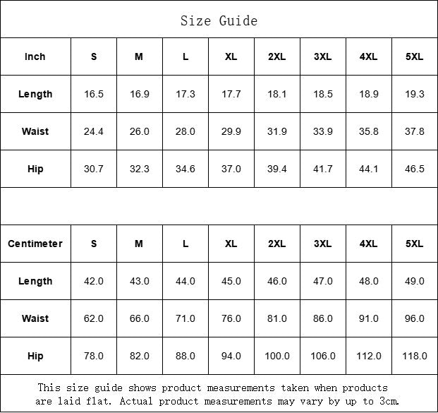 Sea Dragon Dreams size guide table for women's sports skorts showing length, waist, and hip measurements in inches and cm