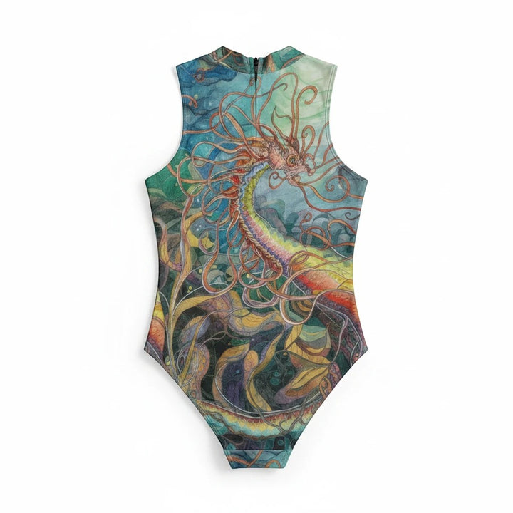 Sea Dragon Dreams sleeveless bodysuit featuring vibrant fantasy sea dragon artwork on stretchy fabric with a high collar.