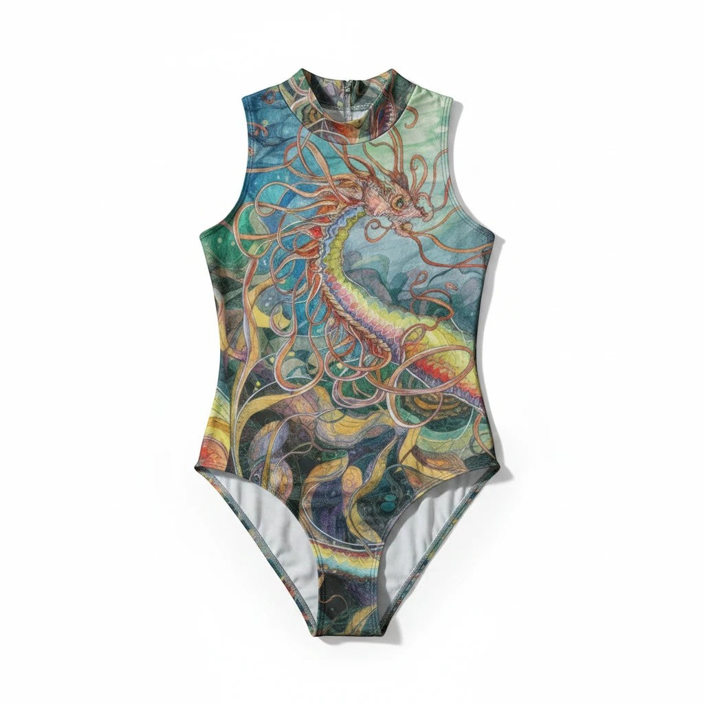 Sea Dragon Dreams sleeveless bodysuit featuring vibrant fantasy sea dragon artwork on stretchy, form-fitting fabric.