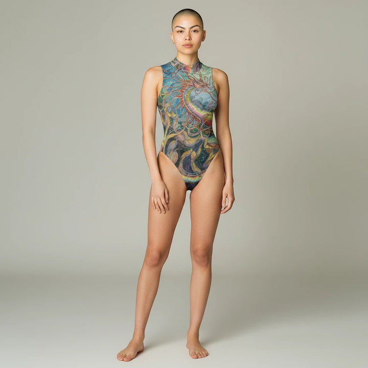 Model wearing a Sea Dragon Dreams sleeveless bodysuit with a high collar and colorful, intricate sea dragon artwork.
