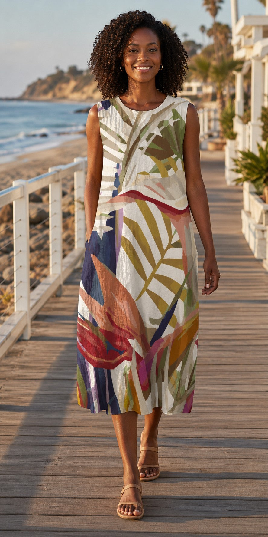 Sea Dragon Dreams sleeveless cotton slub summer dress with a tropical leaf print and pocket on a beach boardwalk