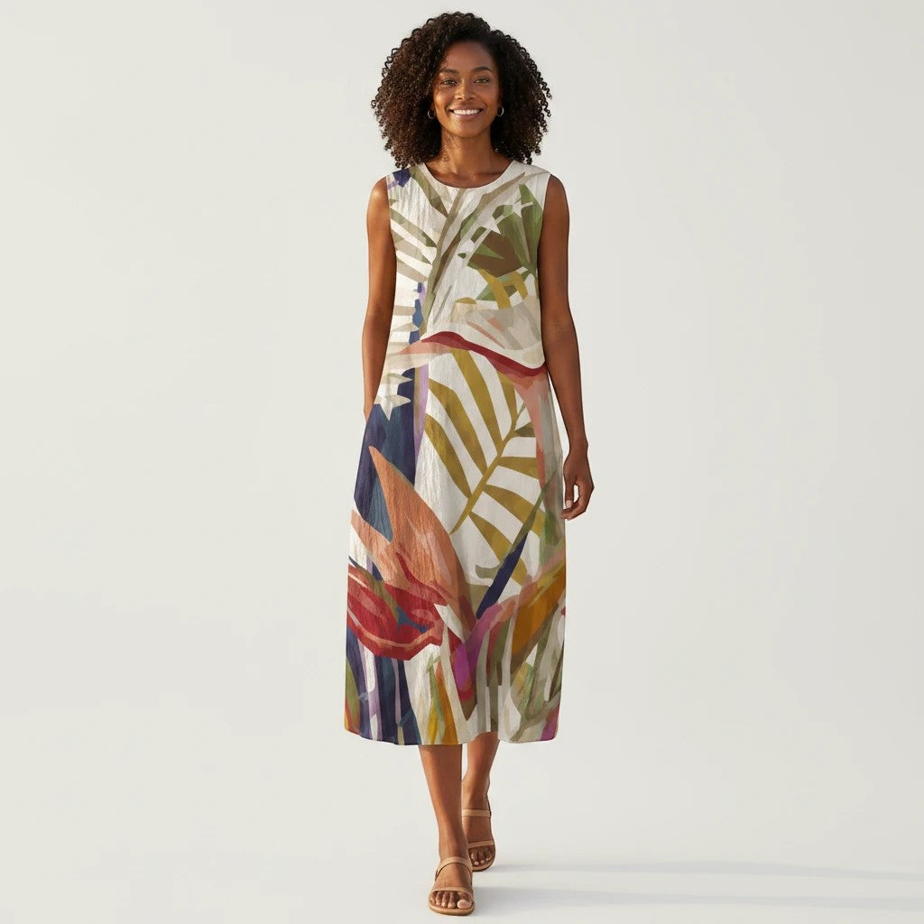 Sea Dragon Dreams sleeveless A-line summer dress in textured cotton slub with a colorful tropical leaf print