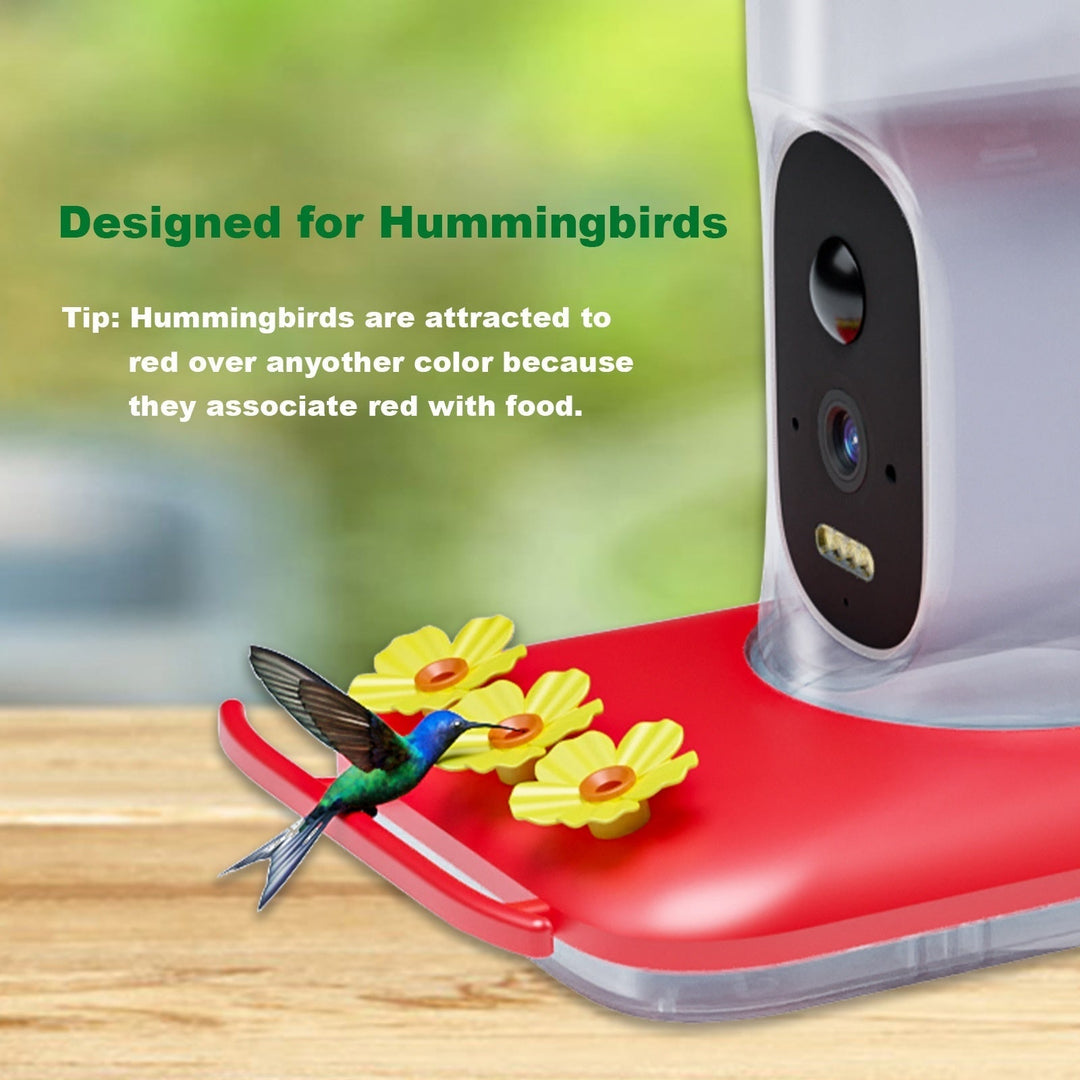 Sea Dragon Dreams smart hummingbird water feeder with 5MP HD camera and red base with yellow flower feeding ports