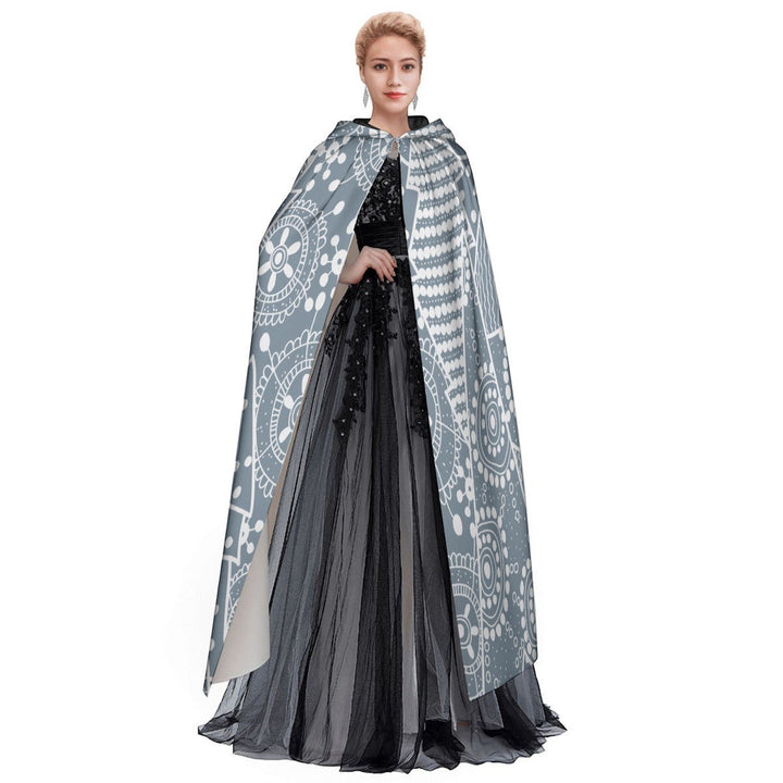 Sea Dragon Dreams unisex hooded cloak in grey with white snowflake mandala print, made from thick scuba fabric.
