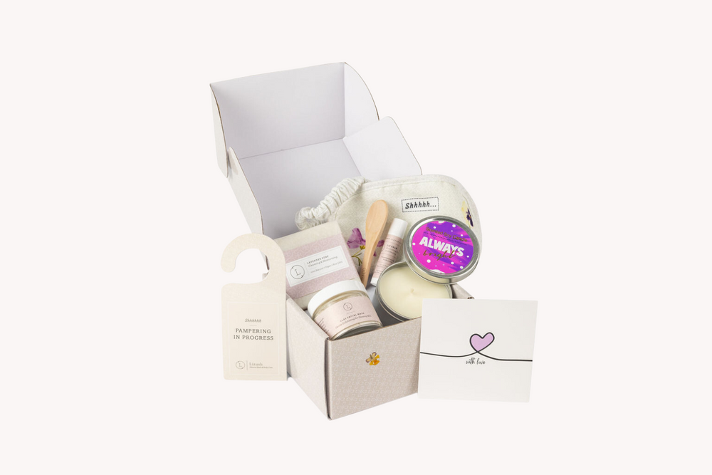 Sea Dragon Dreams spa gift box for nurses featuring lavender soap, clay mask, soy candle, lip balm, and eye mask.