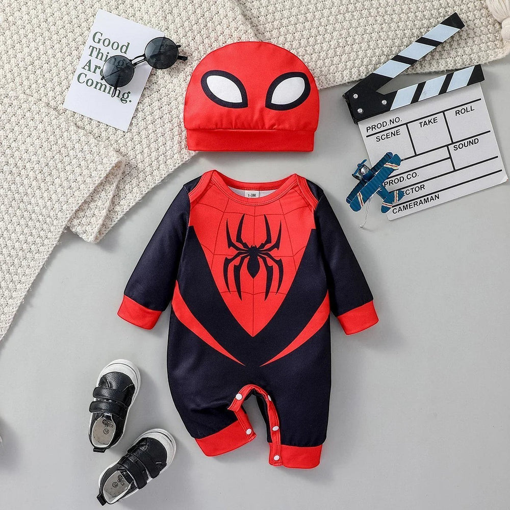 Sea Dragon Dreams baby boy spider jumpsuit set with matching hat, featuring red and black superhero design.
