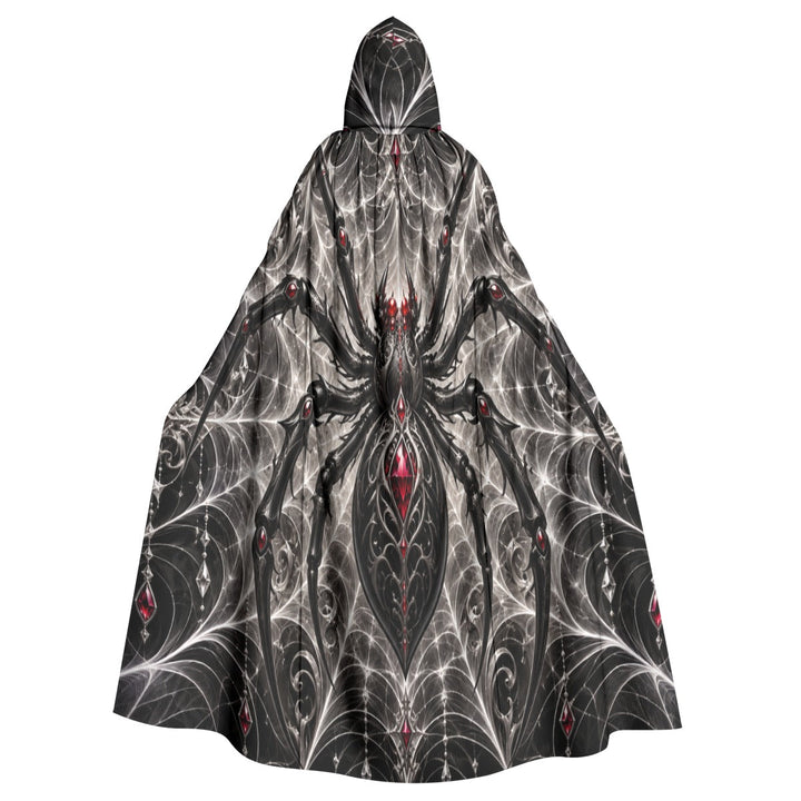 Sea Dragon Dreams unisex hooded cloak featuring a dramatic black and white spiderweb print with red gemstone accents.