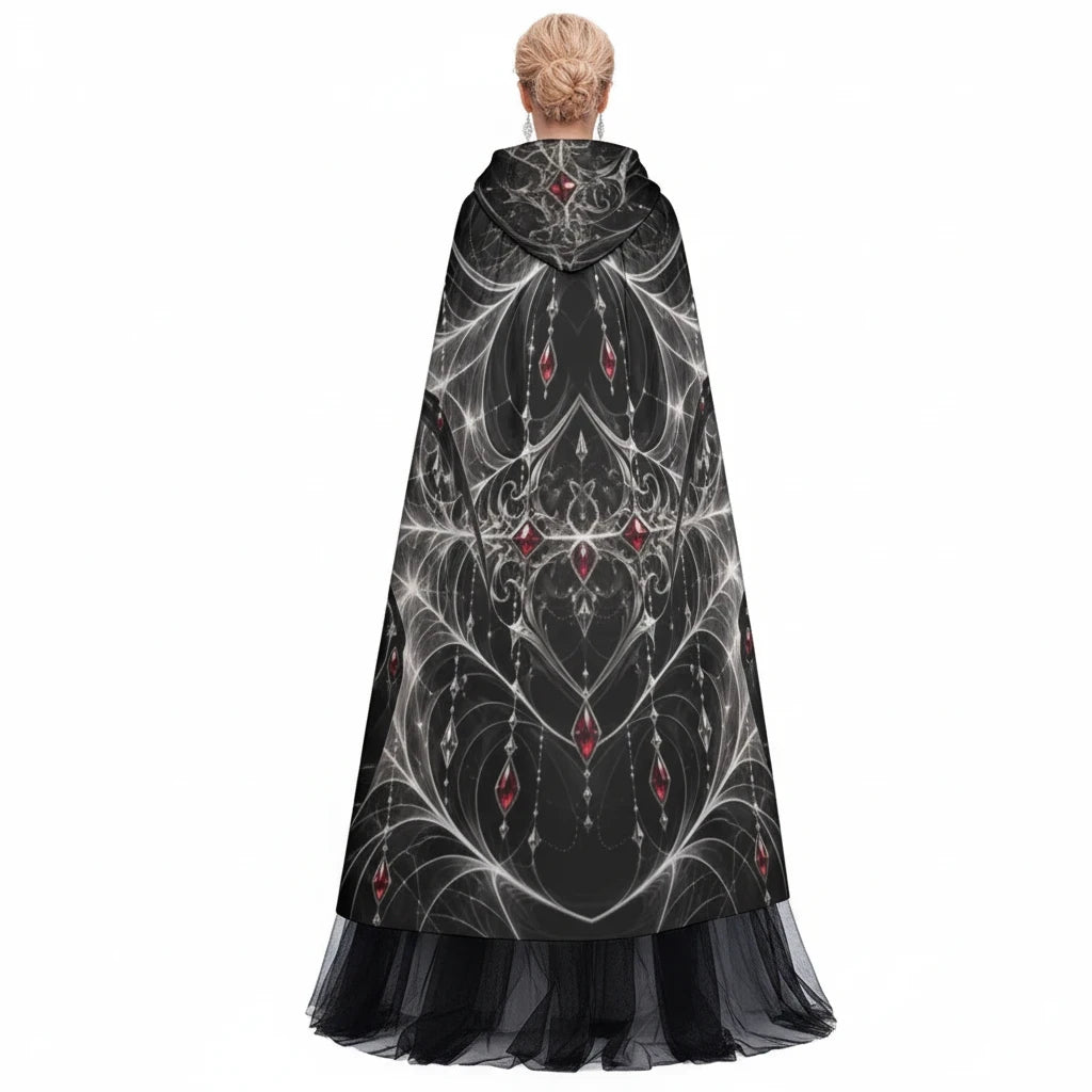 Sea Dragon Dreams hooded cloak with a black and white spiderweb pattern and red gemstone accents, back view