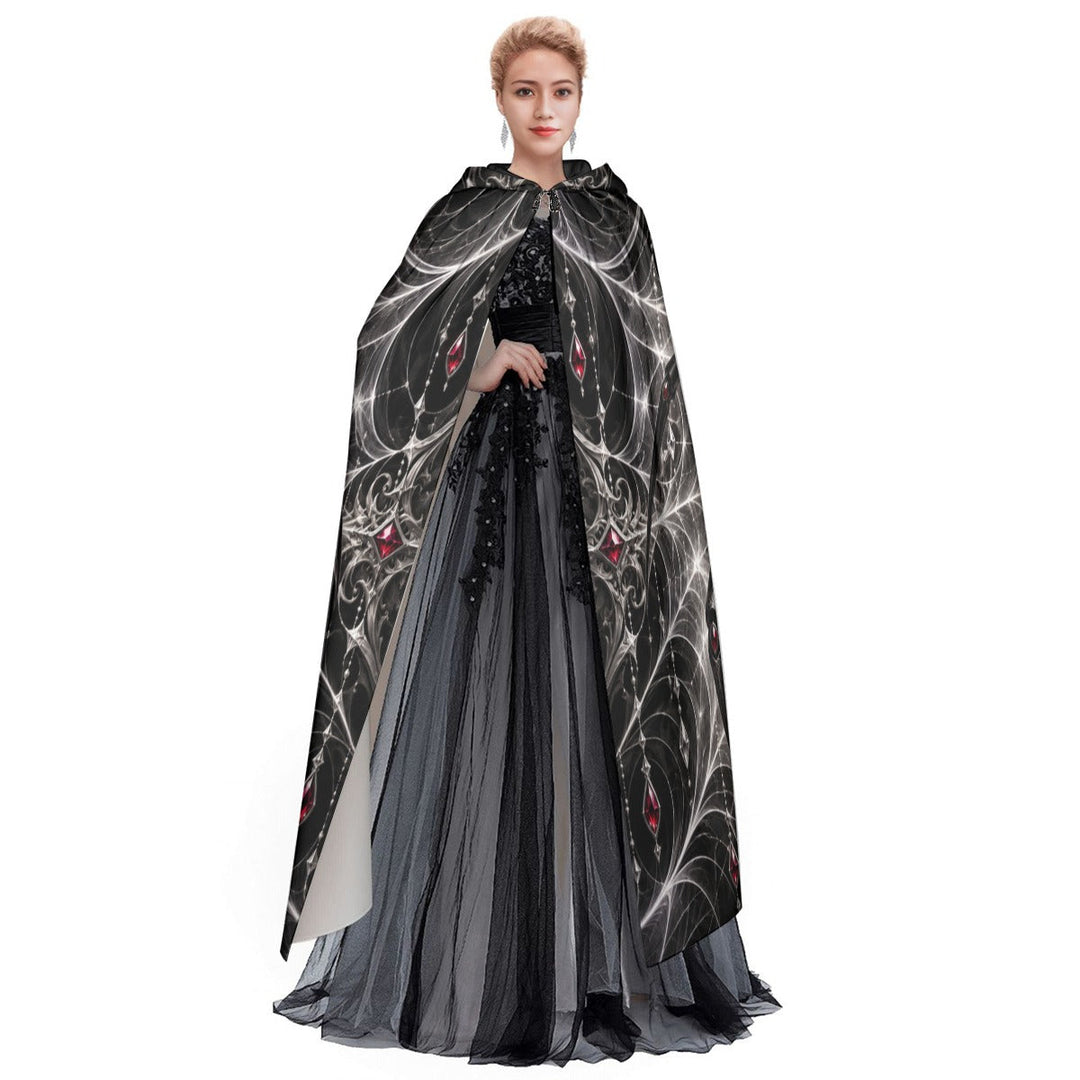 Sea Dragon Dreams hooded cloak with a black and red spiderweb fantasy print worn over a formal black gown
