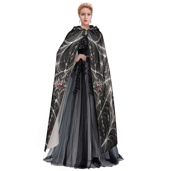 Sea Dragon Dreams hooded cloak with a black and red spiderweb fantasy print worn over a formal black gown