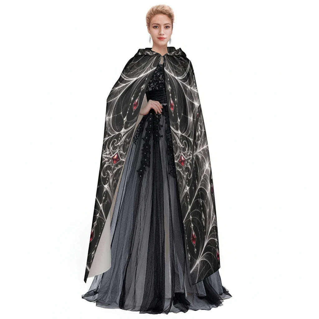Sea Dragon Dreams hooded cloak featuring a dramatic red and black spiderweb pattern for cosplay and fantasy costumes.