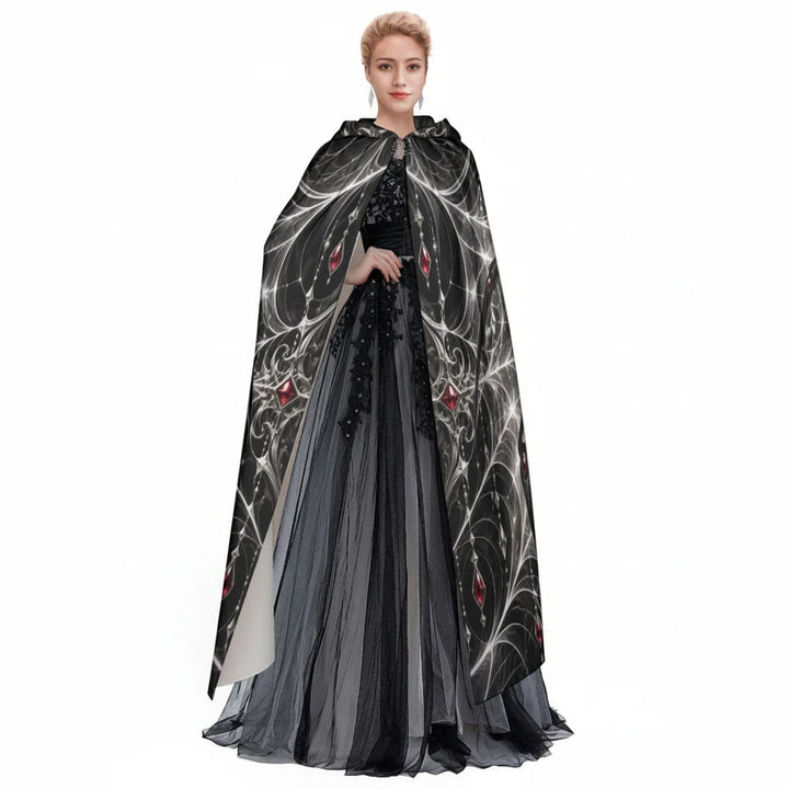 Sea Dragon Dreams hooded cloak featuring a dramatic red and black spiderweb pattern for cosplay and fantasy costumes.