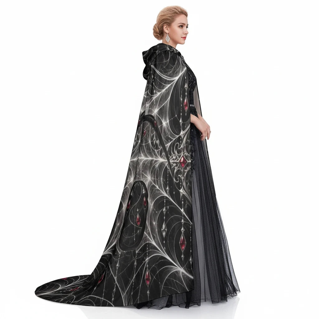 Sea Dragon Dreams hooded cloak featuring a black and white spiderweb pattern with red accents on a model