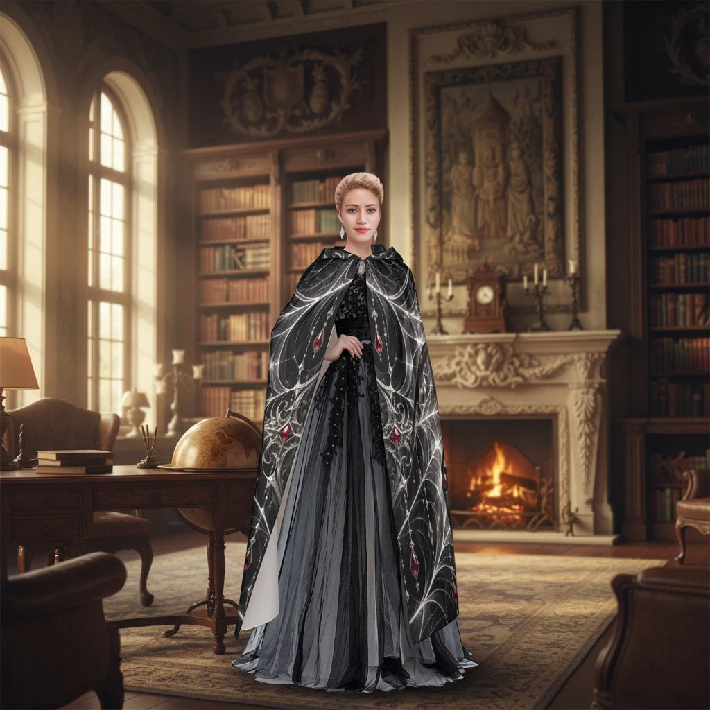 Sea Dragon Dreams hooded cloak with a black and white spiderweb pattern, worn by a woman in a library setting.