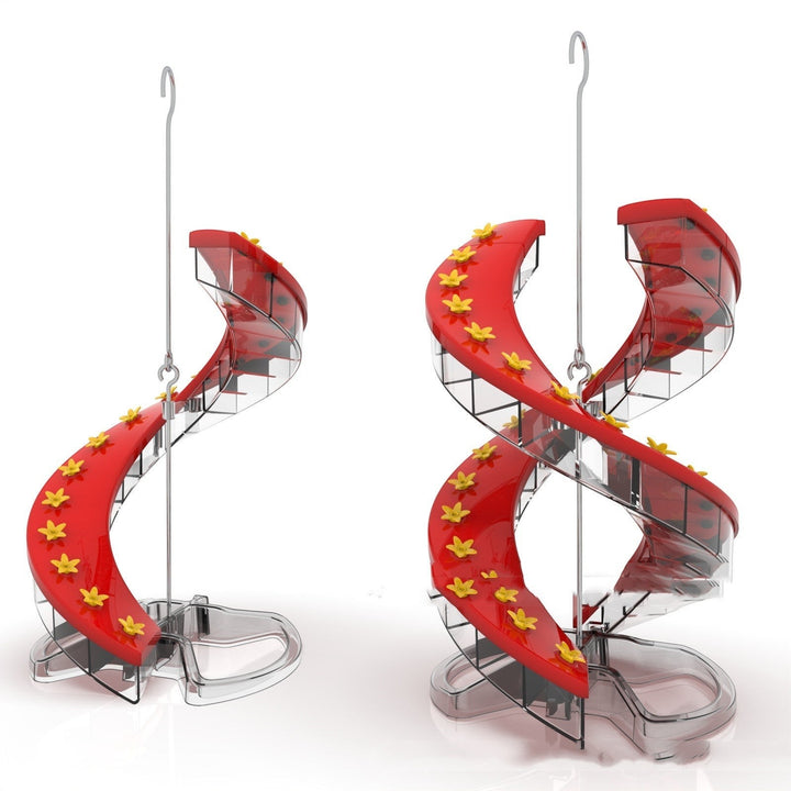 Sea Dragon Dreams spiral hummingbird feeders in single and double-sided red plastic designs with yellow flower ports.