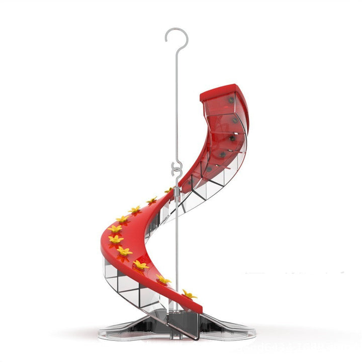 Sea Dragon Dreams red spiral hummingbird feeder with yellow flower feeding ports and integrated climbing perch ladder