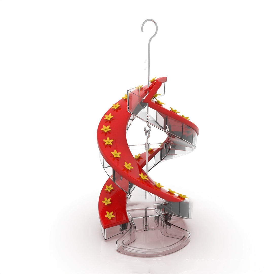 Sea Dragon Dreams double-sided red spiral hummingbird feeder with yellow flower feeding ports and climbing perches