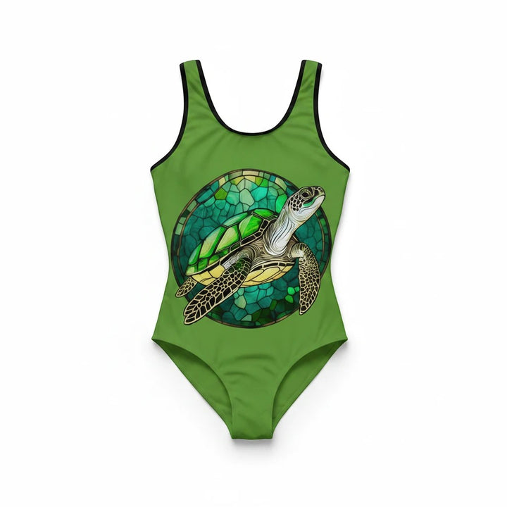 Sea Dragon Dreams one-piece swimsuit featuring a vibrant green stained glass sea turtle design on a scoop neck cut.