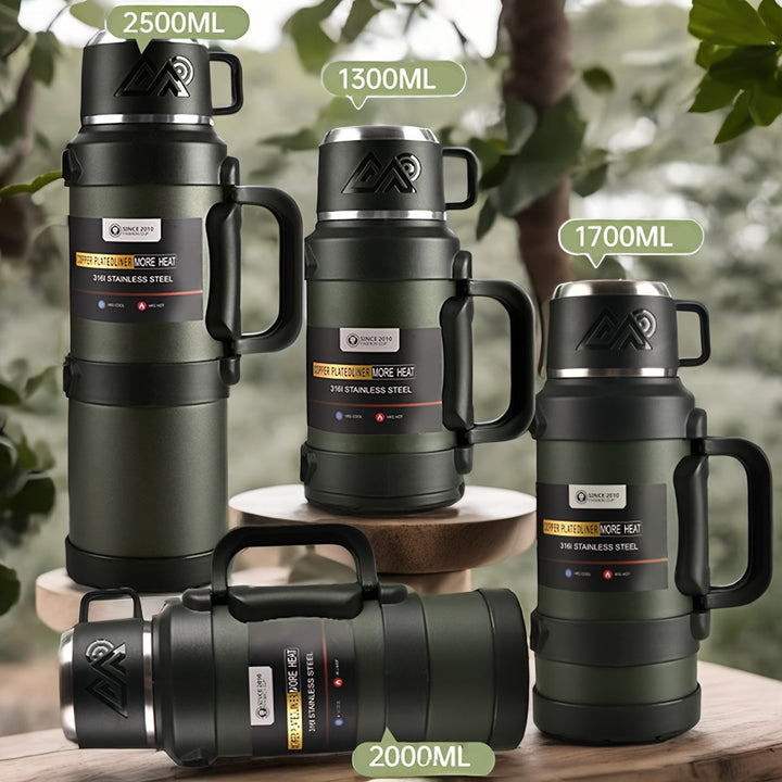 Sea Dragon Dreams stainless steel insulated water bottles in various sizes with handles and leak-proof cup lids.