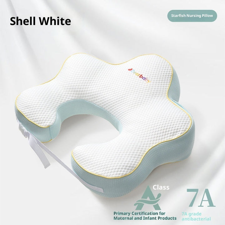 Sea Dragon Dreams shell white starfish nursing pillow with textured fabric and adjustable waist strap for feeding