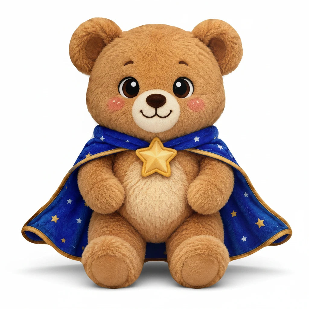 Sea Dragon Dreams plush bear pillow wearing a blue starry cape with a golden star clasp, soft brown fabric.