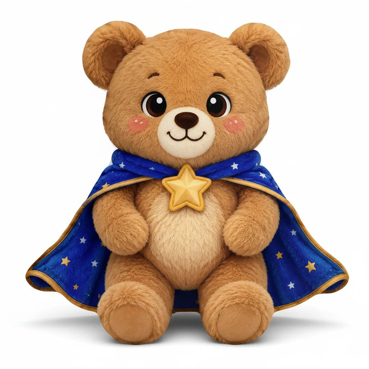 Sea Dragon Dreams plush bear pillow wearing a blue starry cape with a golden star clasp, soft brown fabric.